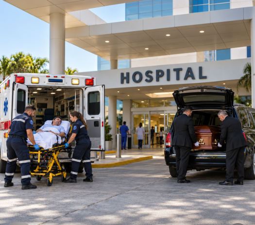 Ambulancia entrega a un paciente en camilla en la entrada de un hospital, mientras a su lado un carro fúnebre recoge un ataúd.