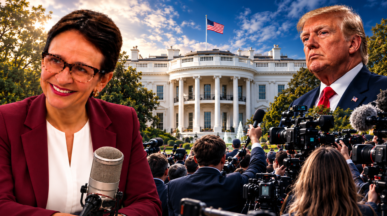 Dra. Angie González y Donald Trump en un montaje con la Casa Blanca y periodistas, que ilustra el debate sobre el acceso de la prensa a la sede presidencial. Dra. Angie González y Donald Trump en un montaje con la Casa Blanca y periodistas, que ilustra el debate sobre el acceso de la prensa a la sede presidencial.