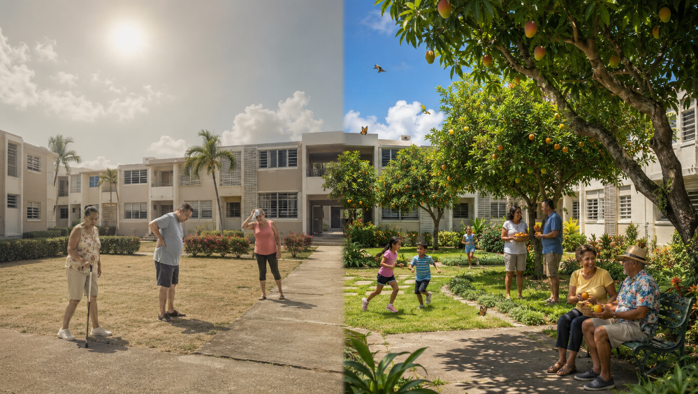 Comparación entre una urbanización con cemento, poca vegetación y residentes enfermos, y la misma comunidad reforestada con árboles frutales, niños jugando y familias felices.