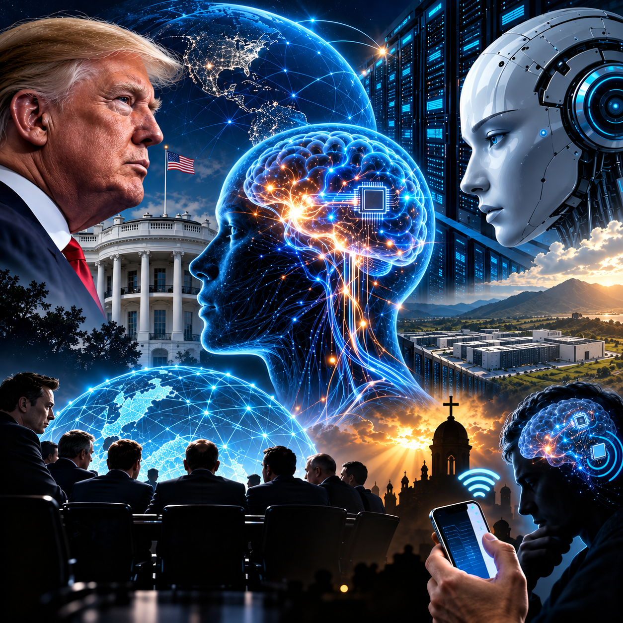 Ilustración sobre superinteligencia y neuroderechos con Donald Trump, la Casa Blanca, un cerebro humano conectado a circuitos digitales, inteligencia artificial robótica, centros de datos y tecnologías de control neuronal, temas analizados en Actívate al Mediodía por Tiva TV.