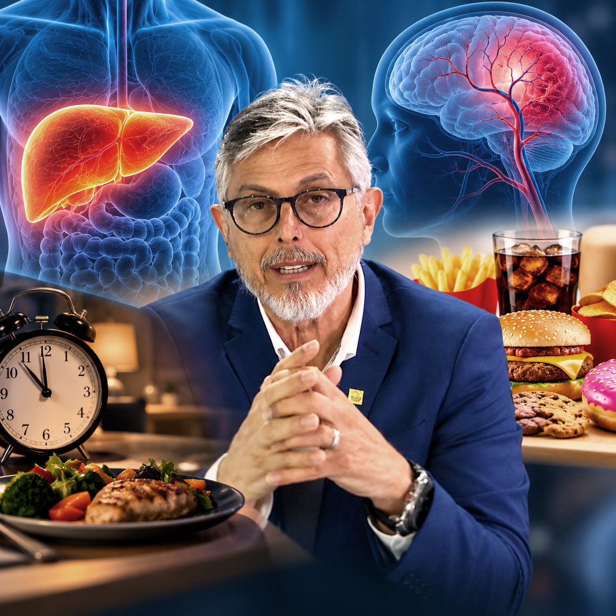 Dr. Norman González Rivera con ilustraciones del hígado, cerebro y alimentos, explicando los riesgos de comer tarde y consumir ultraprocesados.