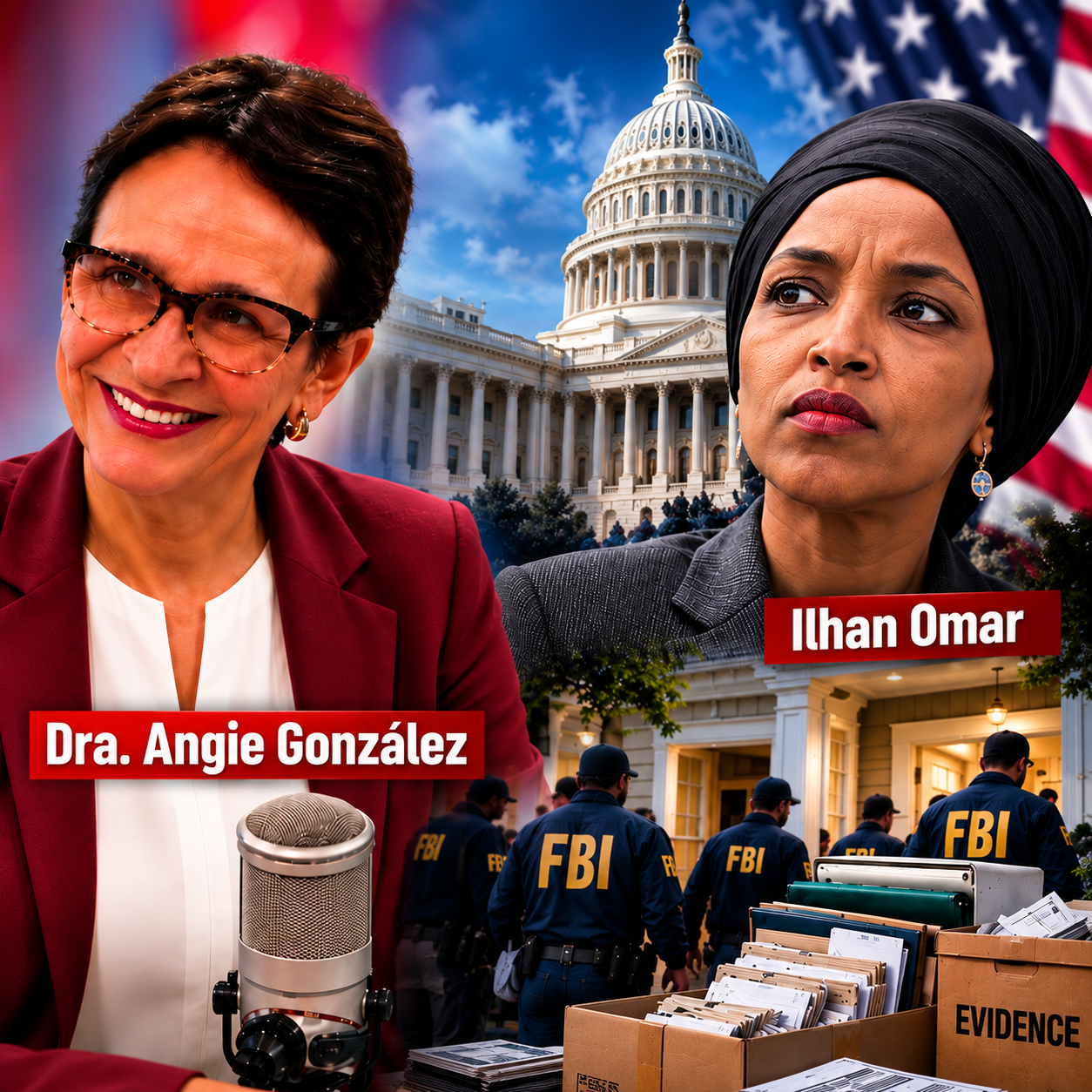 Dra. Angie González e Ilhan Omar en imagen del programa Actívate al Mediodía de Tiva TV, con el Capitolio de Estados Unidos y una representación de agentes federales del FBI al fondo.