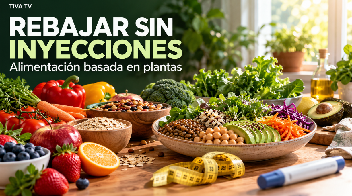 Frutas, vegetales, legumbres y cereales junto a una cinta métrica y una pluma de inyección, con el título «Rebajar sin inyecciones: alimentación basada en plantas», para el blog de Tiva TV.