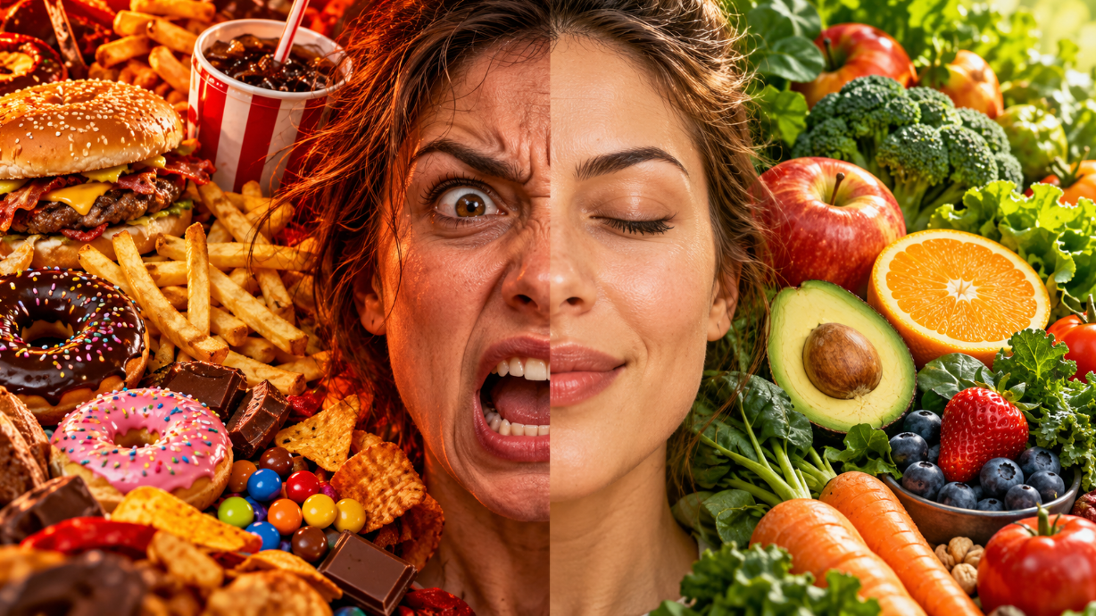 Rostro de mujer dividido en dos: una mitad con expresión de ira junto a comida chatarra y la otra relajada junto a frutas y vegetales, como representación conceptual de la alimentación y la conducta humana.