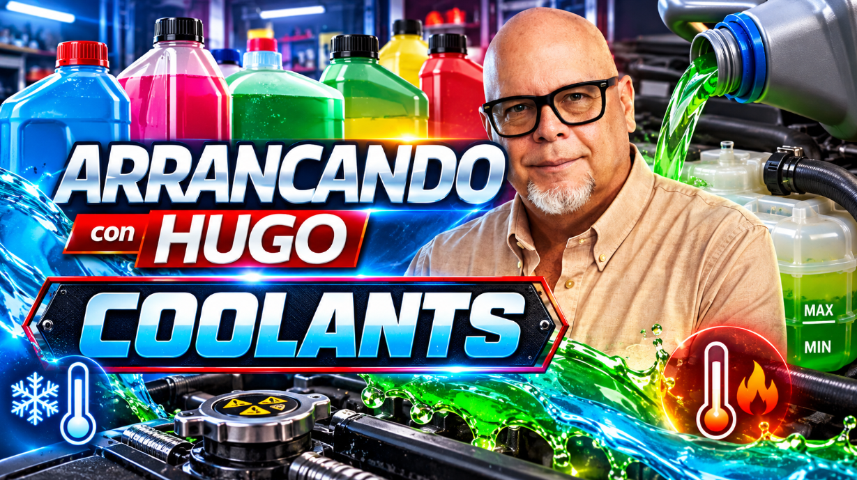 Imagen promocional del programa Arrancando con Hugo, donde el Master Mechanic Hugo Molina explica las diferencias entre los refrigerantes verde, rojo, azul, rosa y amarillo, y la importancia de utilizar el coolant correcto para evitar daños al motor.