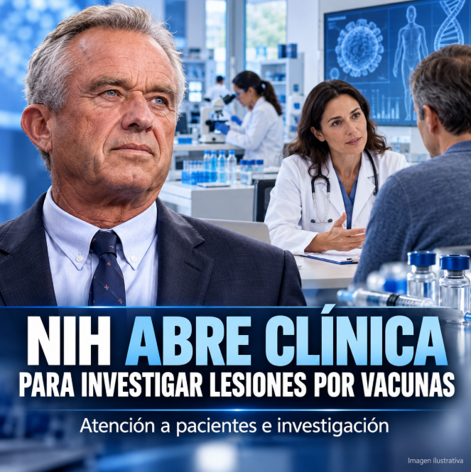Robert F. Kennedy Jr. junto a una escena ilustrativa de atención médica en una clínica del NIH para investigar posibles lesiones por vacunas.