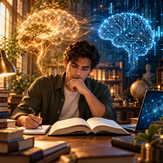 Joven leyendo y tomando notas junto a una computadora, con representaciones de la inteligencia natural y la inteligencia artificial. Texto: «Fortalece tu inteligencia natural. Leer e investigar para no ser sustituidos por la IA».